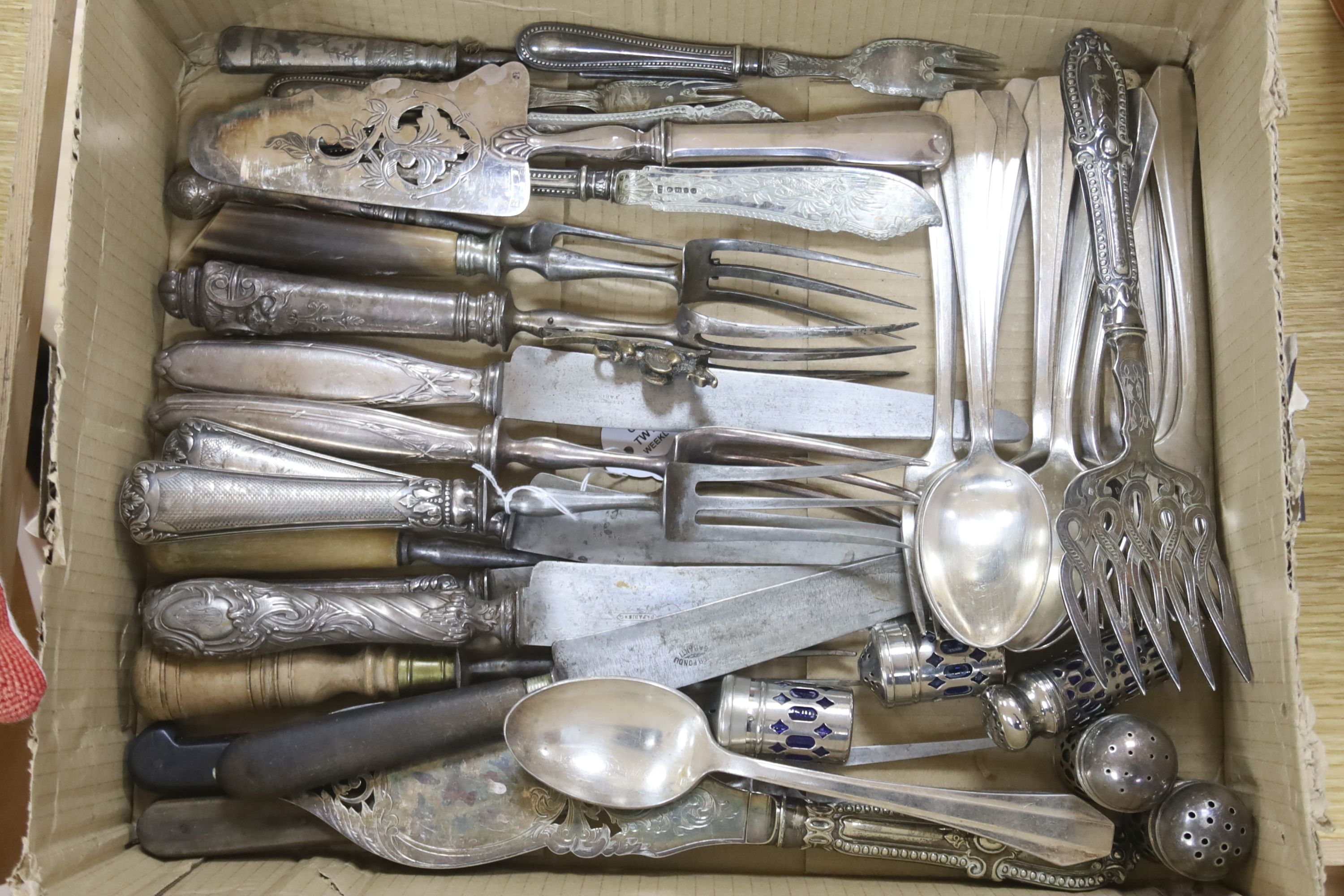 A set of twelve J. Nore, Paris Empire style table knives with hardwood handles (cased) and sundry flatware